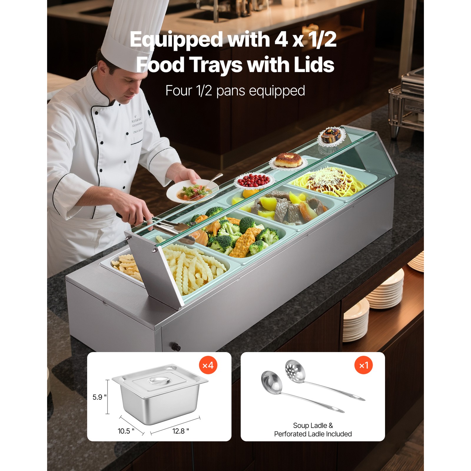 Uimoso Commercial Food Warmer 4-Pan 1500W Buffet Bain Marie with Glass Lid