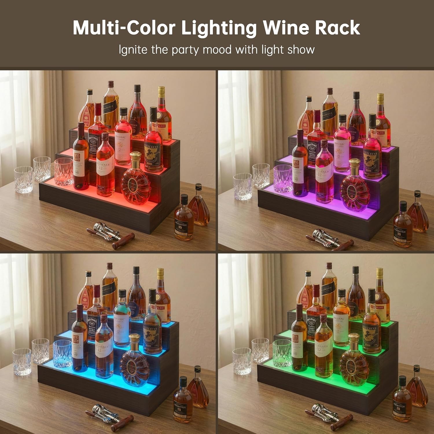 LED Liquor Bottle Display Shelf 24 Inch Walnut Modern 3 Tier Bar