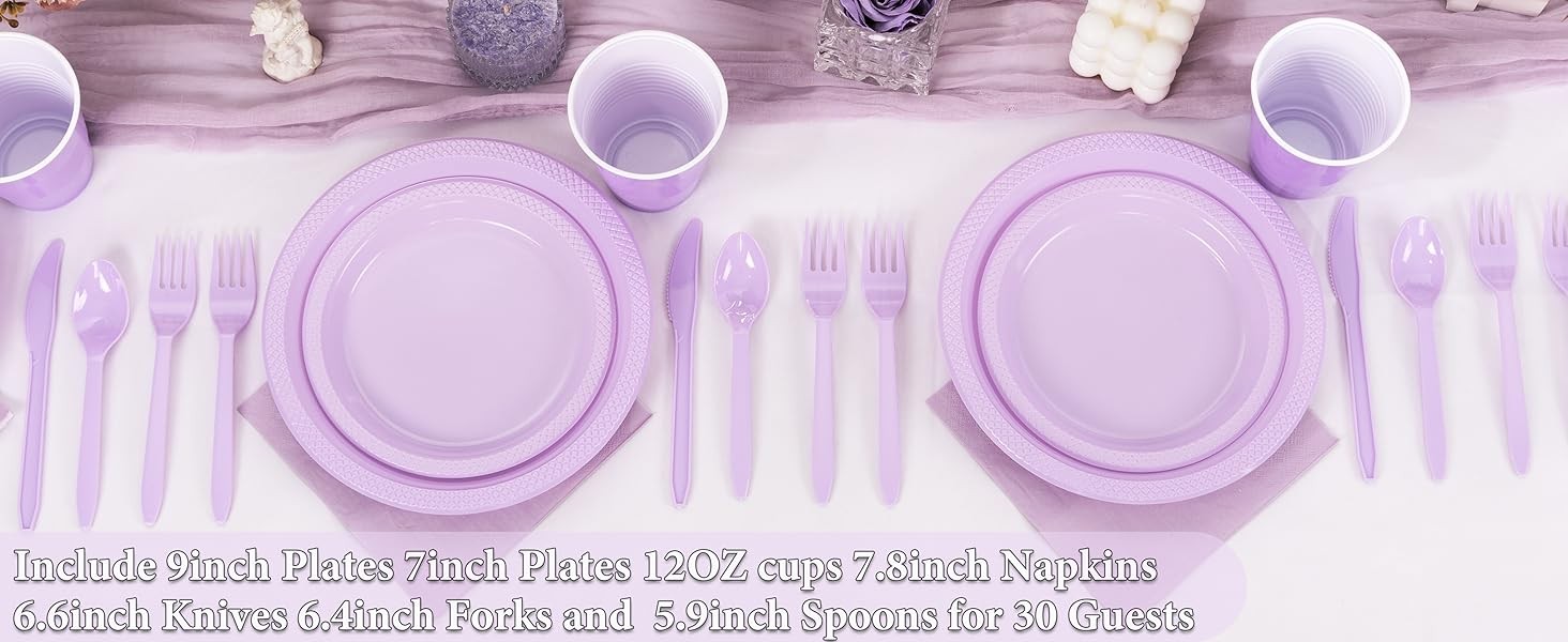 210Pcs Lavender Plates,Light Purple Plastic Dinnerware Set,Party Supplies