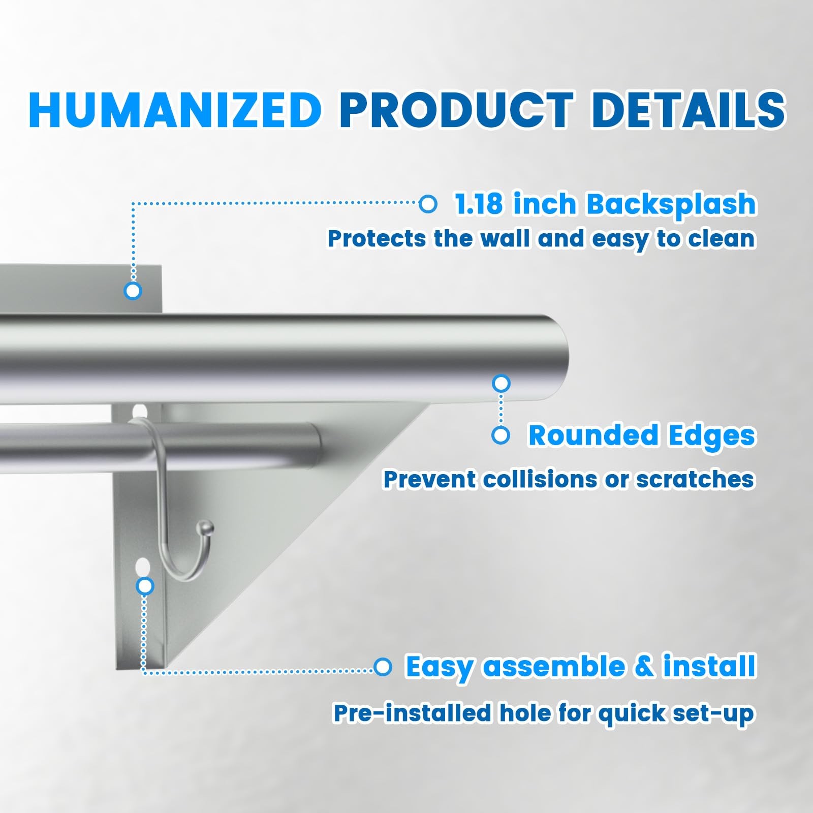 Treshin Stainless Steel Shelf with 4 Hooks 14 x 24 Inches, 14″ x 24″, Silvery