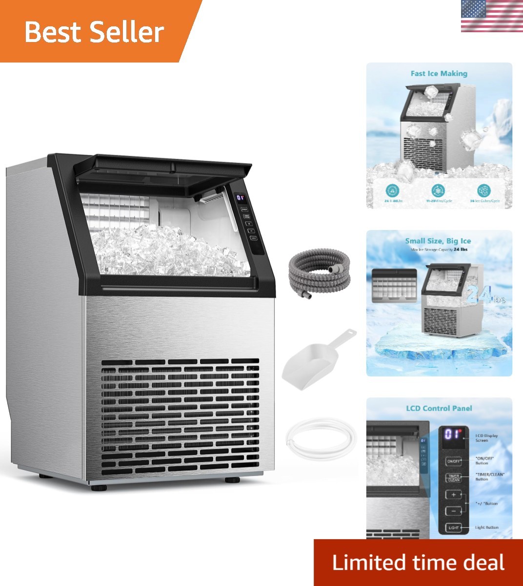 Commercial Ice Maker with 24Lbs Storage – Perfect for Outdoor Events & Offices