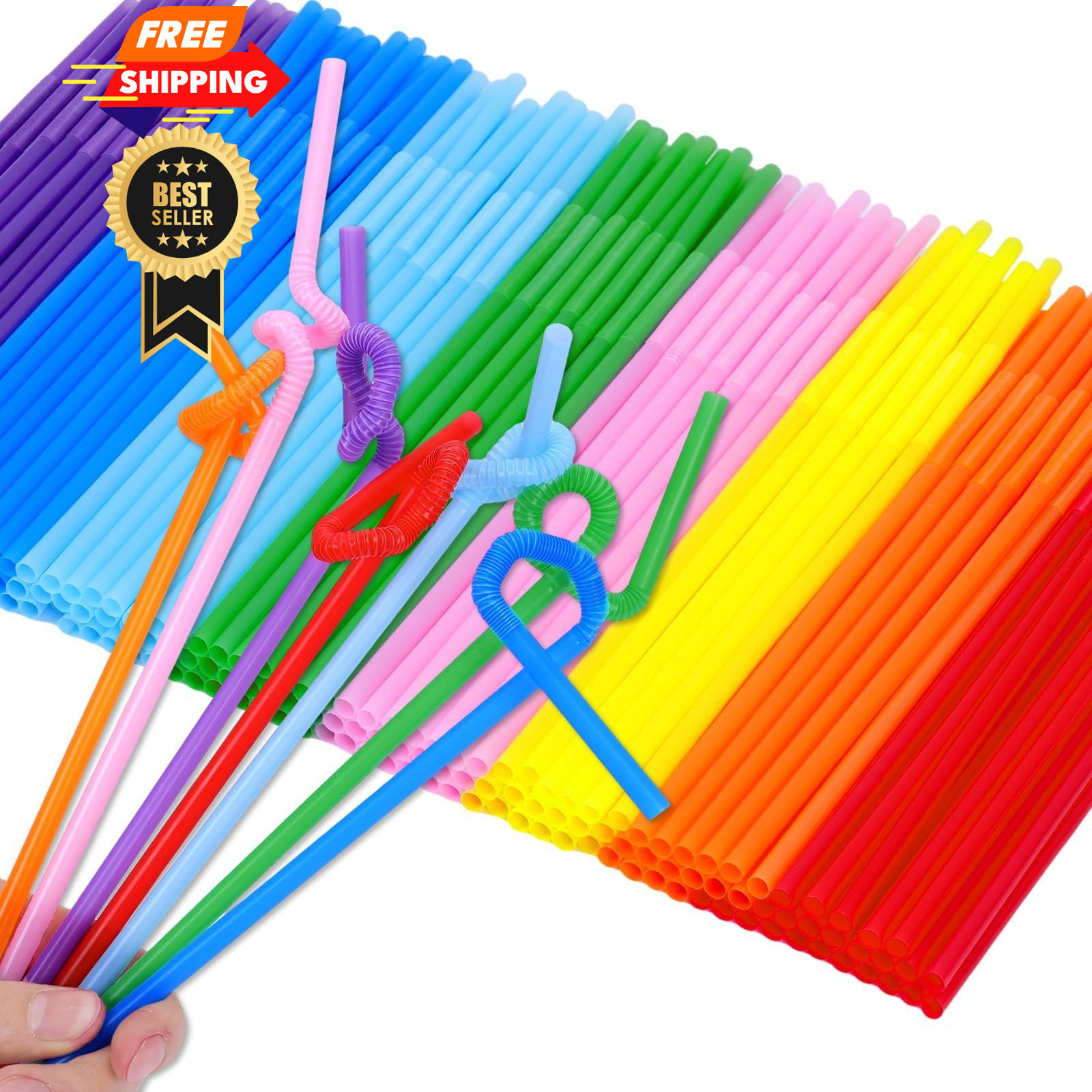 Tomnk 100pcs Disposable Flexible Plastic Straws 10.3inch, Colorful