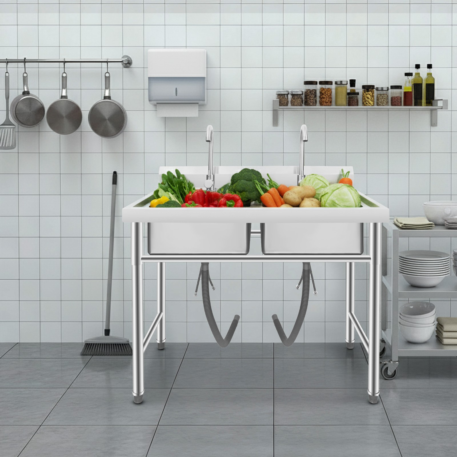 2 Compartment Free Standing Utility Sink for Garage Restaurant, Kitchen, Laundry