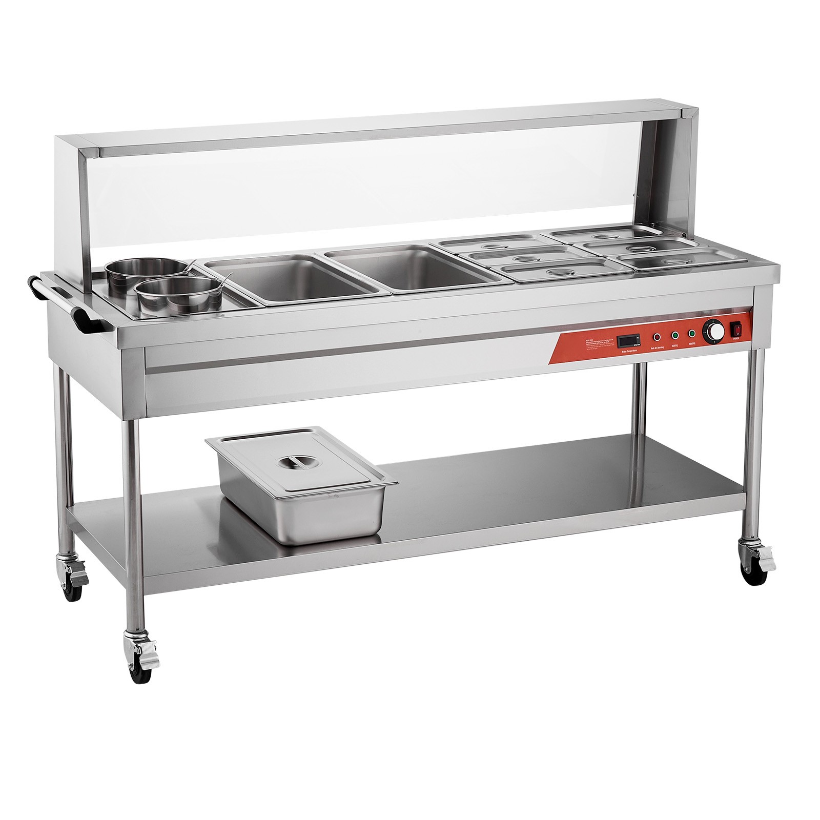 8 Pans + 2 Pots Commercial Food Warmer Steam Table with Undershelf Shield