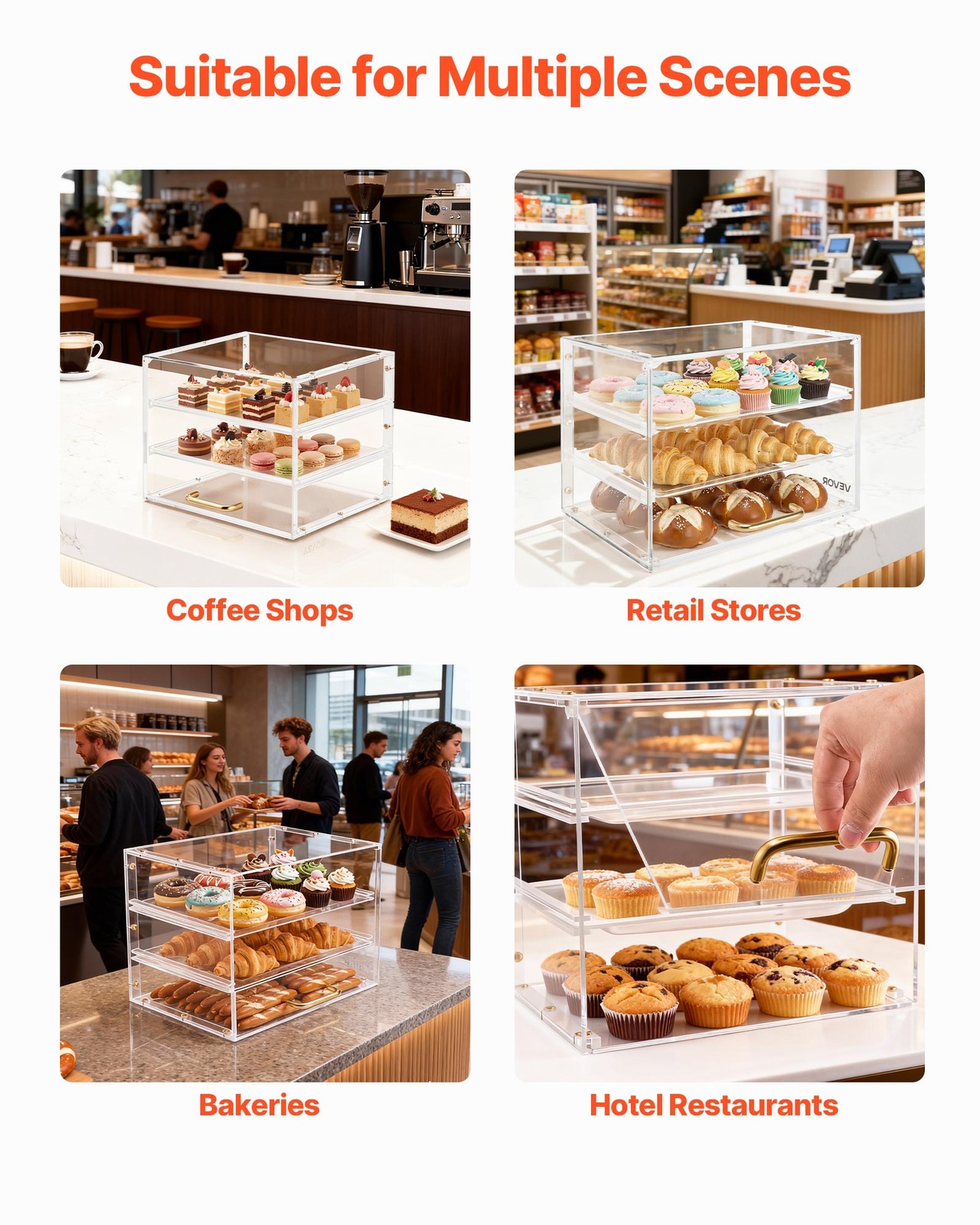 VEVOR Bakery Display Case Acrylic Countertop Pastry Case 3-Tier Flip-Up Door
