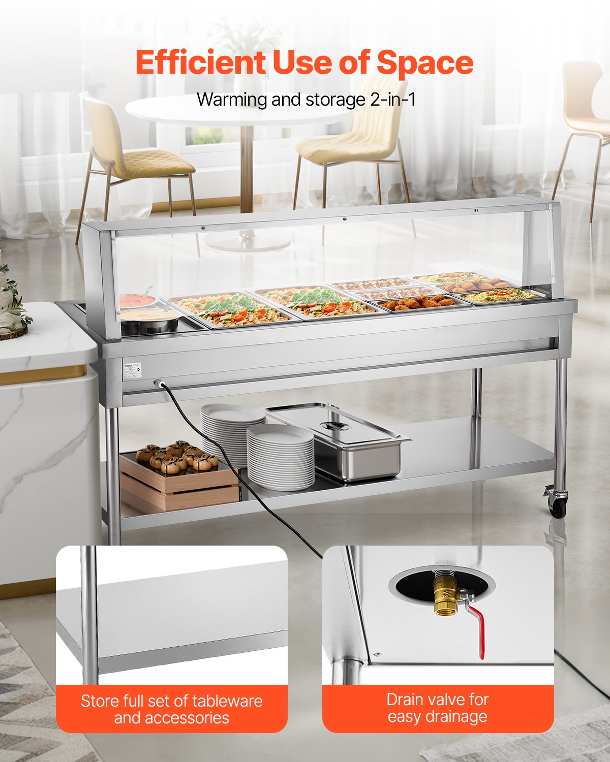 VEVOR 8 Pans + 2 Pots Commercial Food Warmer Steam Table with Undershelf Shield