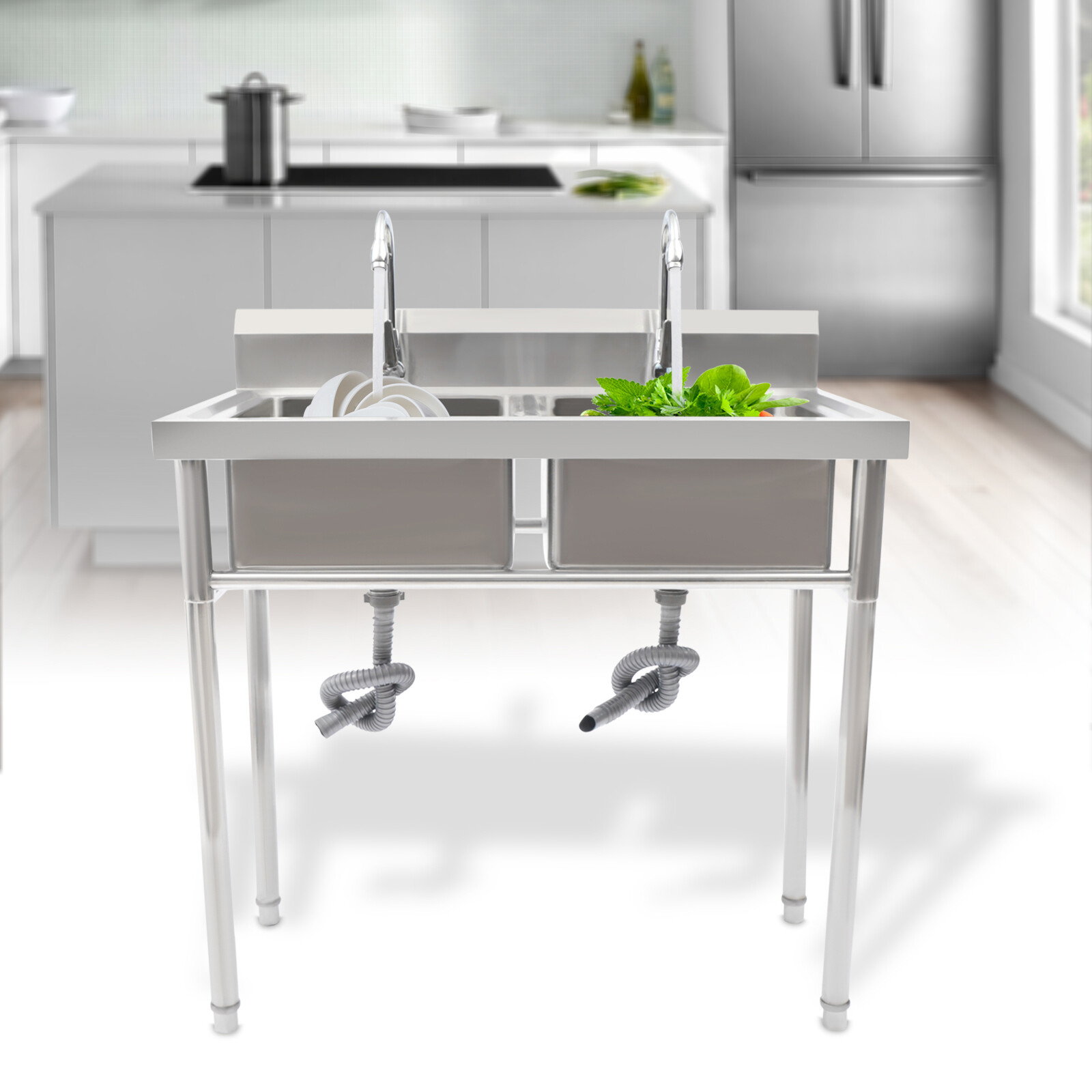 2 Compartment Commercial Sink w/ Double Faucet Restaurant Sink,Free Standing