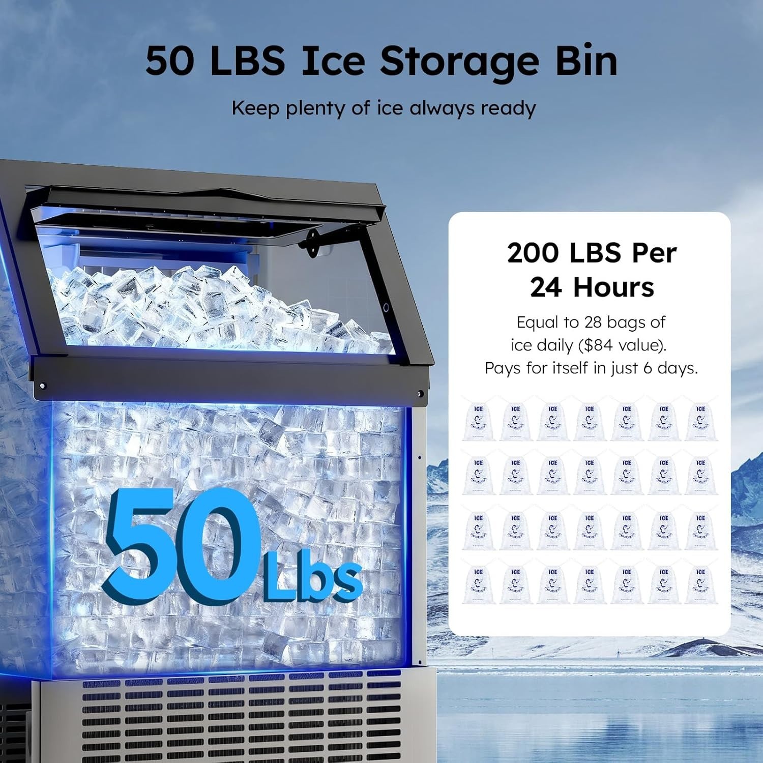 Commercial Ice Maker Machine 200 Lbs/24H, Commercial Ice Machine, 50 LBS Storage