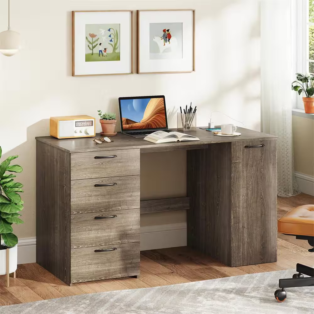 53 In. Gray + Black 4 Storage Drawers Computer Desk with Power Outlets Large Exe