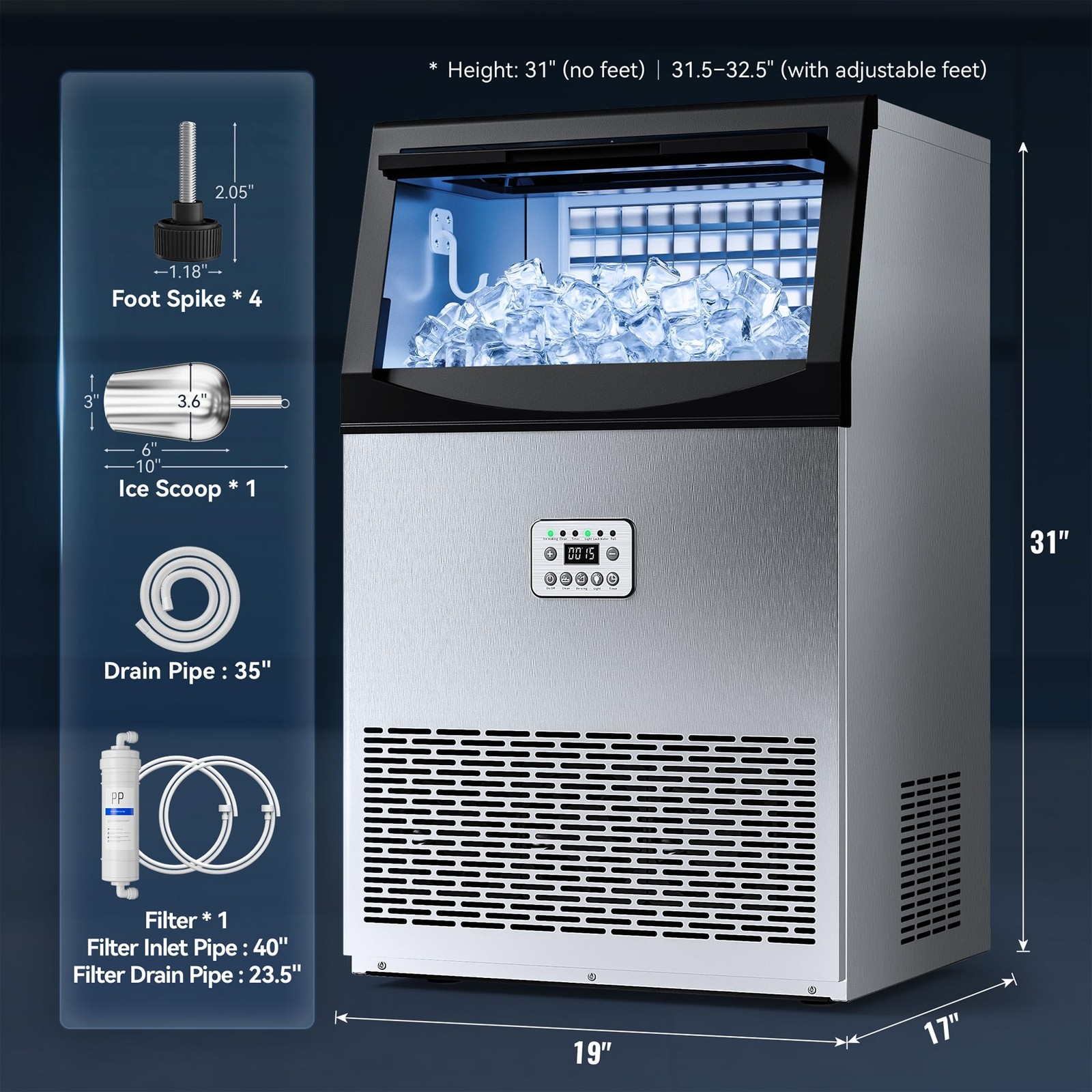 Nanori Commercial Ice Maker Machine 200Lbs/24H 96 Ice Cubes 33Lbs Ice Storage