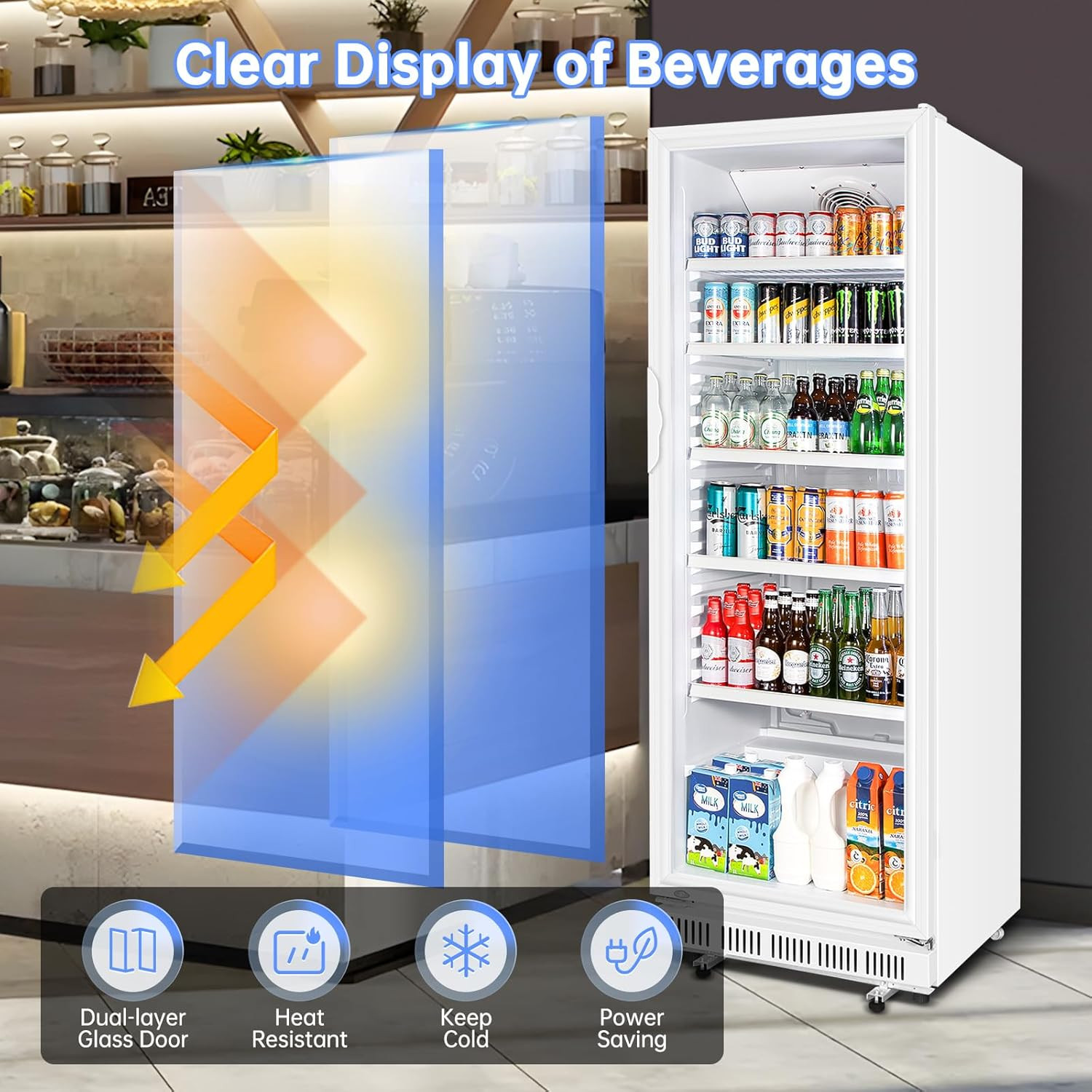 Commercial Beverage Refrigerator, 24.5 Inch 15 Cu. Ft. Drink Fridge, Display Ref
