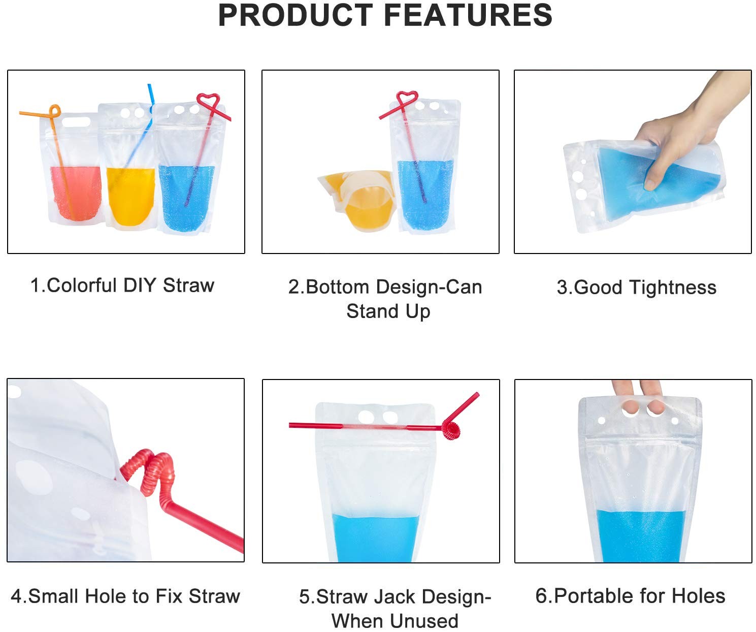Drink Pouches For Adults, Reusable Zipper Bags With 50PCS Reusable Straws