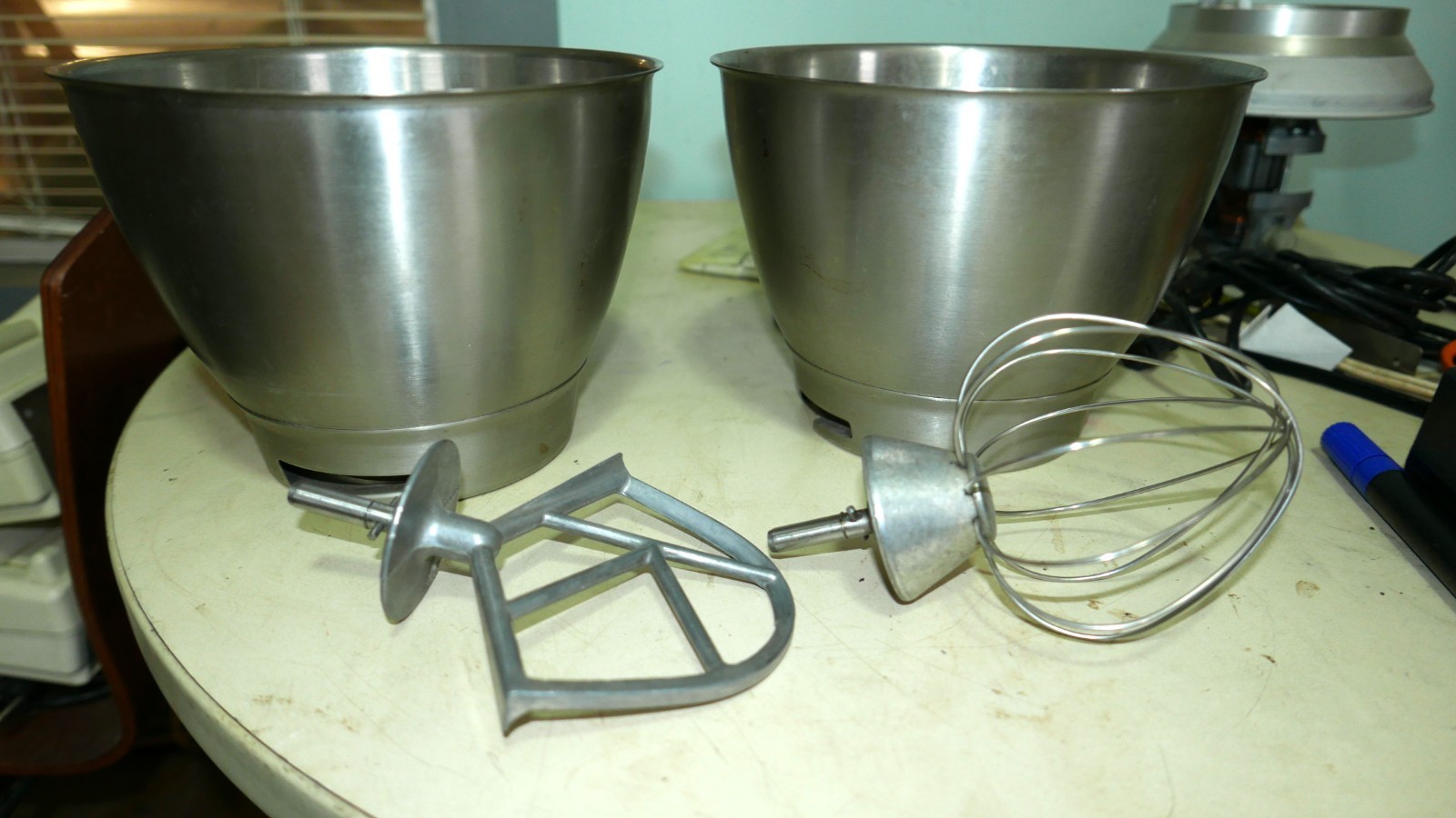 Lot of 2 Stainless Steel Kenwood 17551 Mixer Bowls + 1 each Beater & Whisk