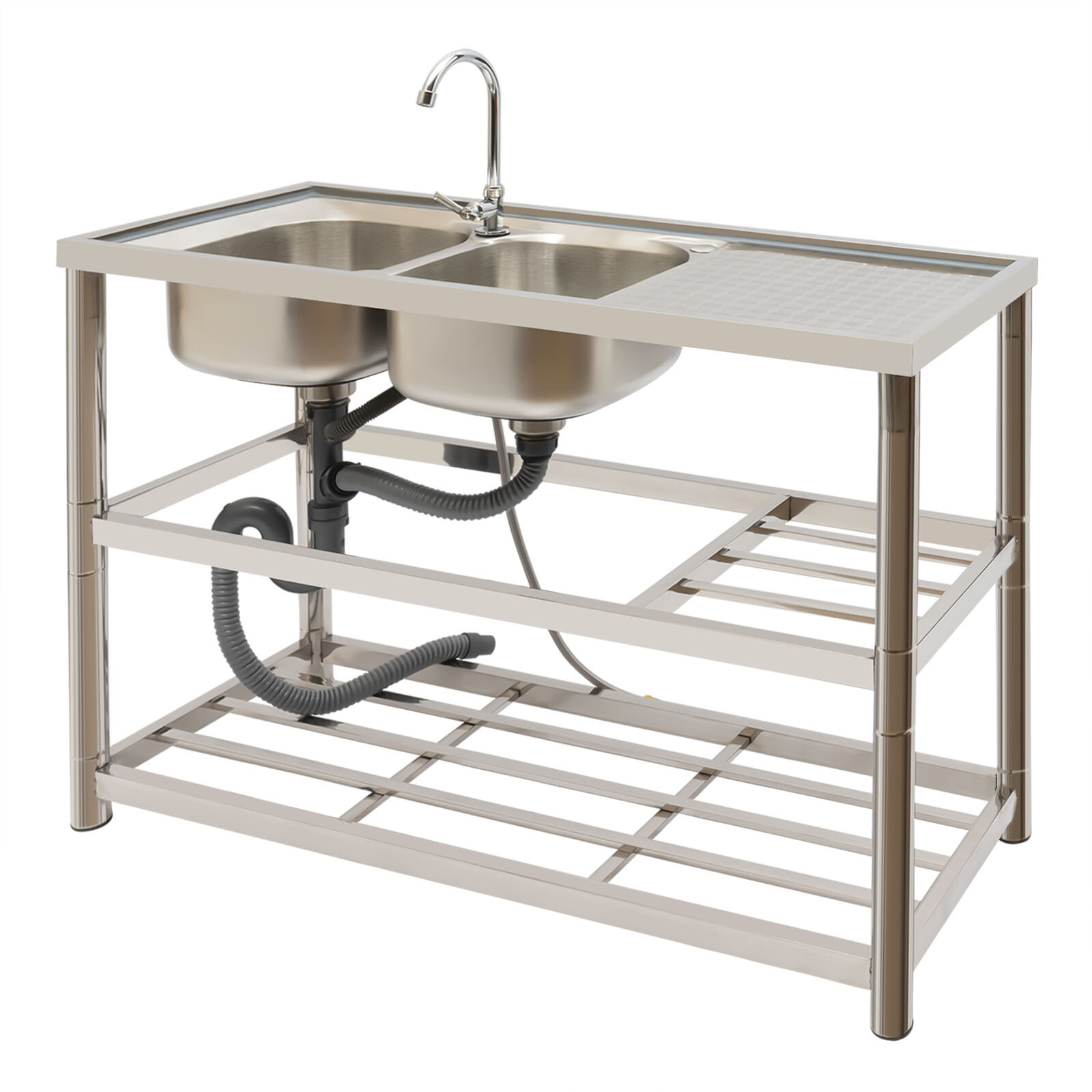Commercial Stainless Restaurant Kitchen Sink Faucet + Drainboad Set Double Bowl
