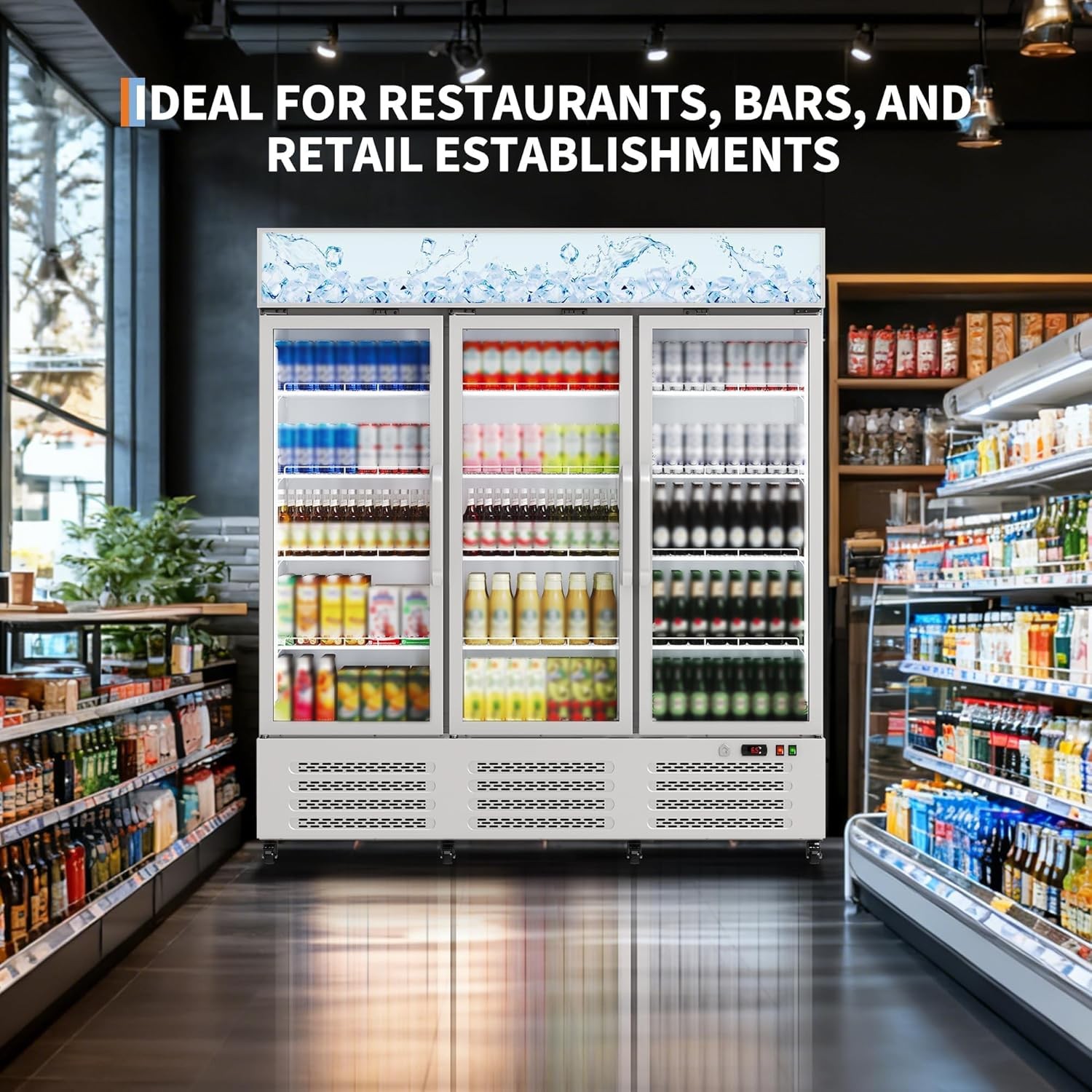 Commercial Refrigerator, Three Glass Door Display Beverage Fridge, 39 Cu ft Upri