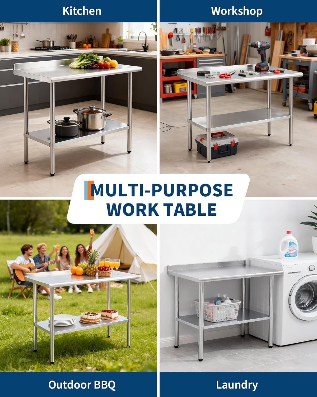 Stainless Steel Work Table 48×24» Prep Table w/Backsplash Adjustable Undershelf