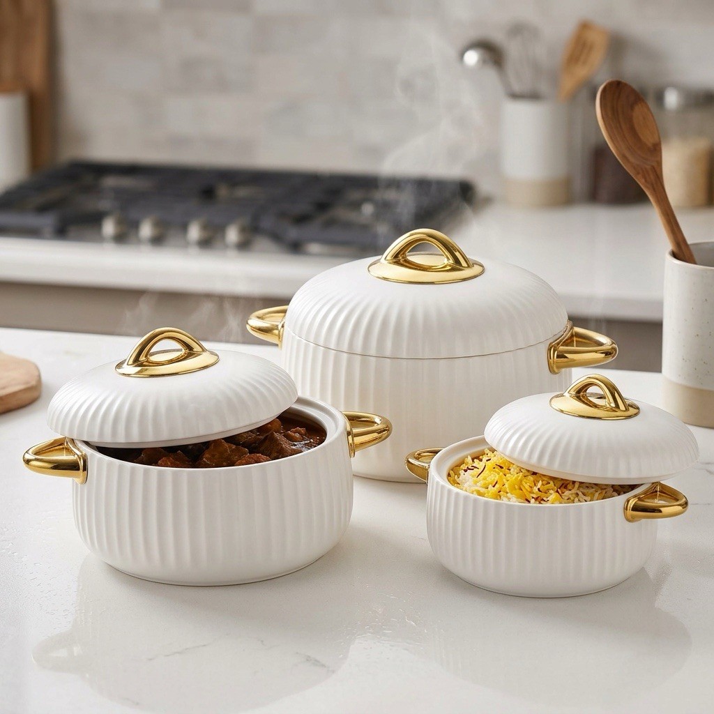 3pc Insulated Casserole Set Stainless Steel Food Warmer Hot Pot White Gold 1L/2L