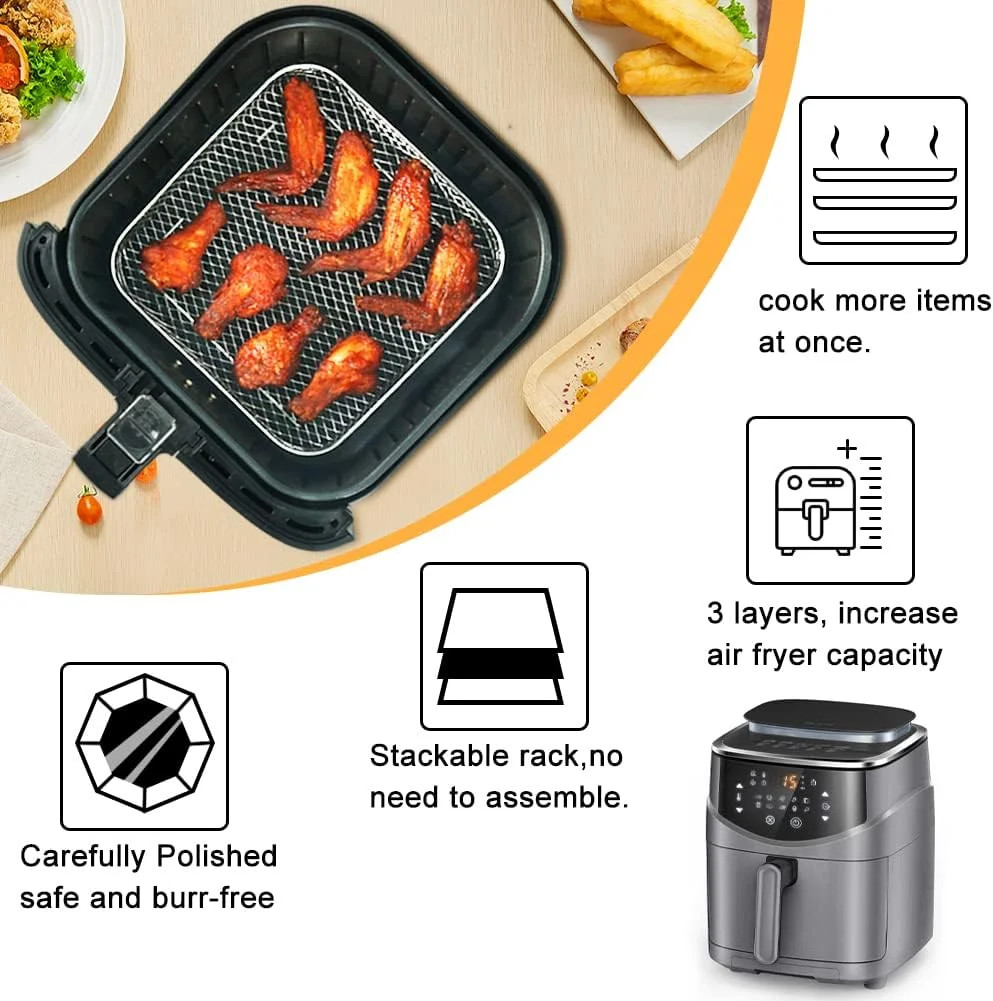 BYKITCHEN 8 inch Square Air Fryer Rack, 3pcs Stackable Stainless Steel Dehydrato