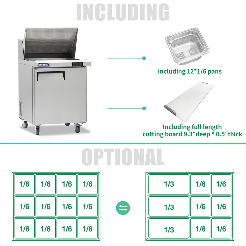 27″ Mega Top Sandwich Prep Table Fridge, ICECASA 1 Door Food Bain Marie Cooler