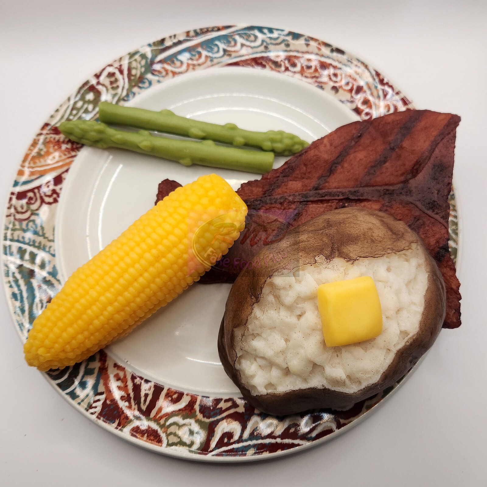 Wax Grilled Steak Dinner, Baked Potato, Full Size Corn, Prop, Fake Food