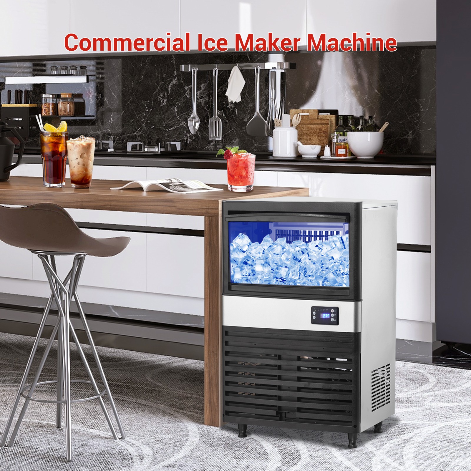 Commercial Ice Maker, 150lbs/24 Hours, Ice Maker Machine with 30lbs Storage Bin