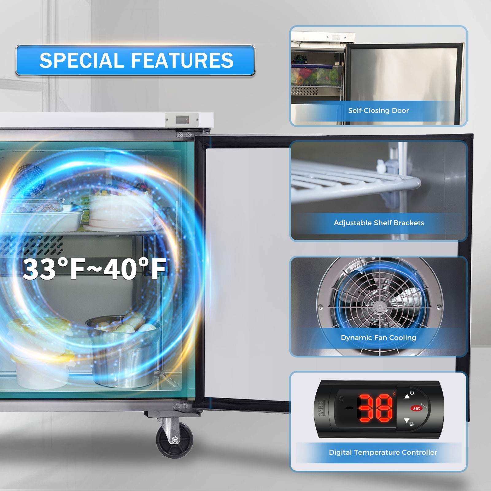 29″ Commercial Undercounter Refrigerators 8 Cu.Ft 1 Door w/Caster for Restaurant
