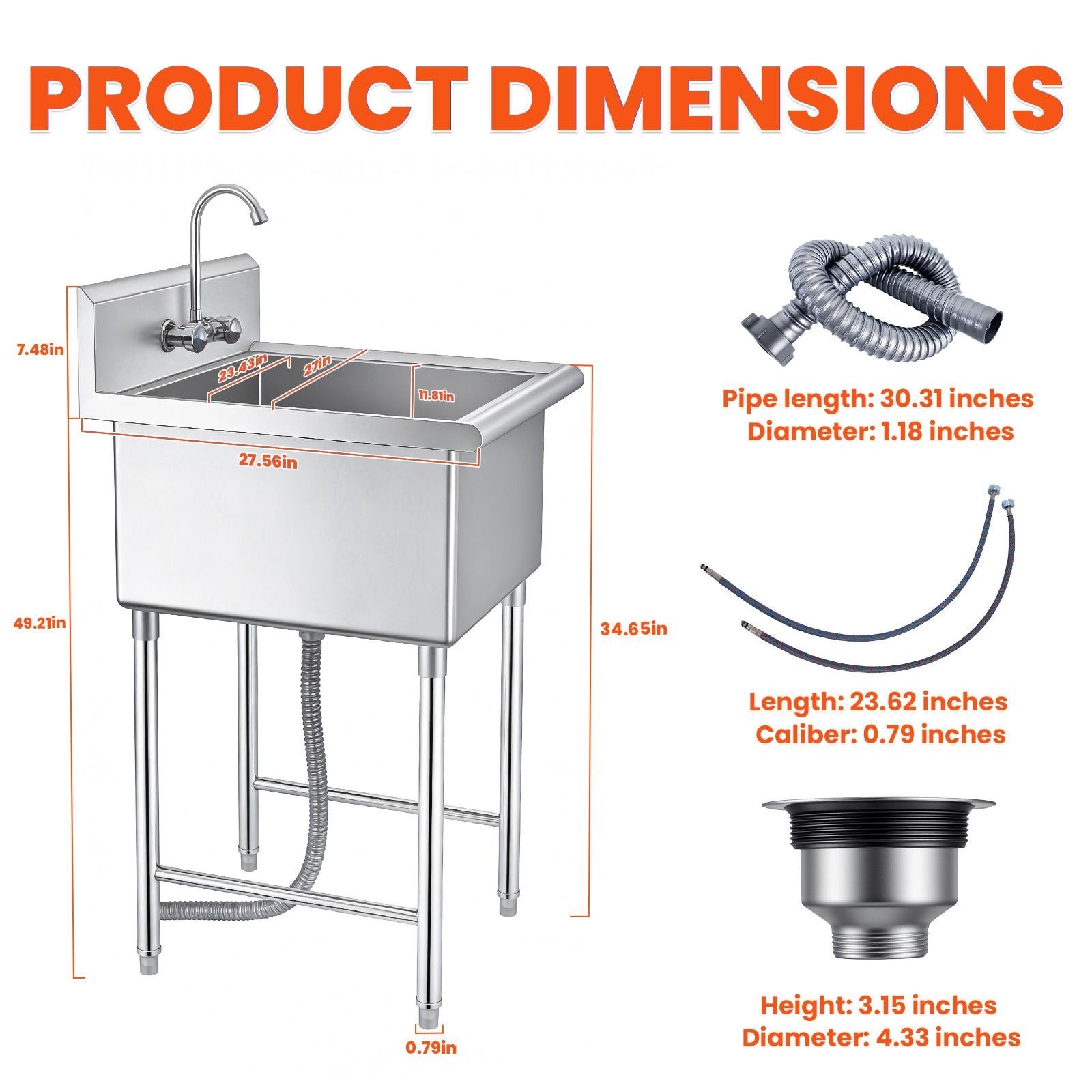 27.56×11.9×27″ Stainless Steel Commercial Utility Sink Hand Wash Laundry Tub