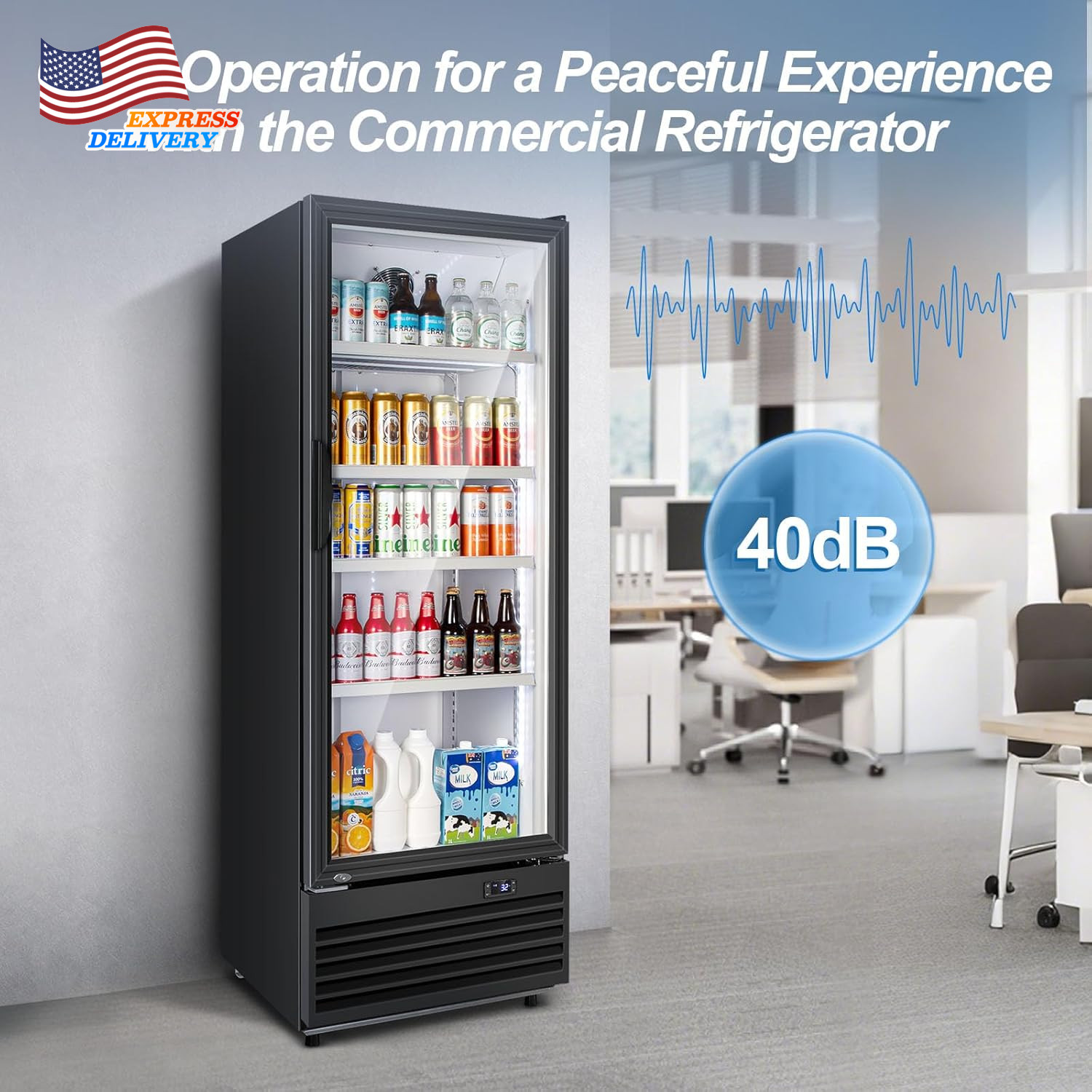 350L Commercial Beverage Fridge Glass Door Fast Cooling Low Noise Black