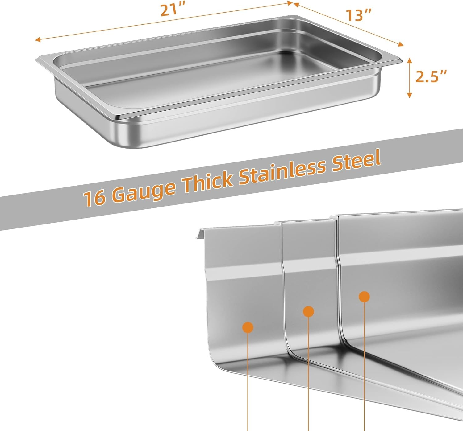 6 Pack Full Size Hotel Pan Catering Food Pan Commercial Stainless Steel 2.5″D