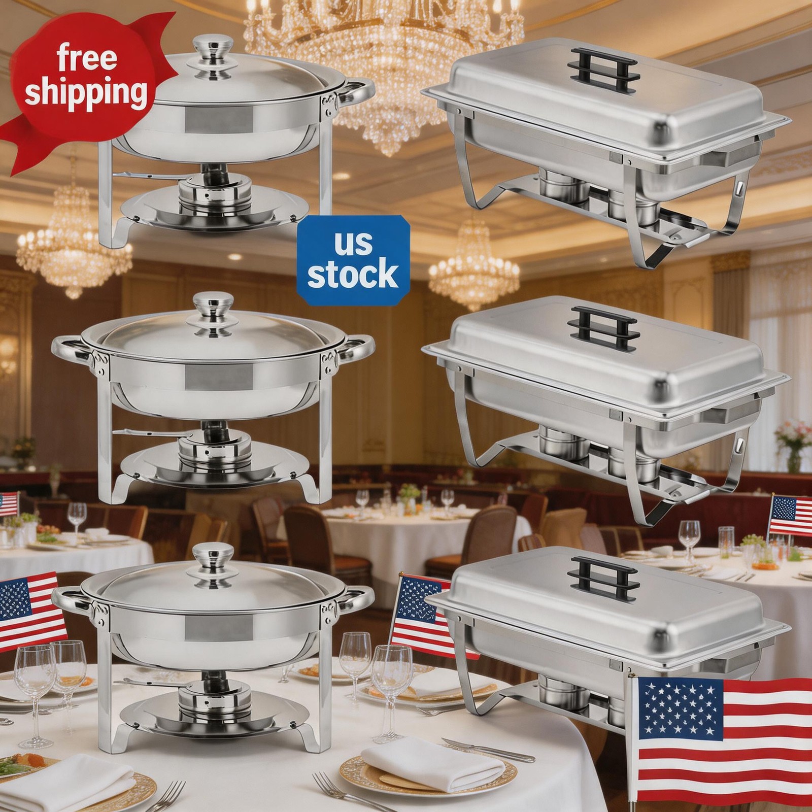 Buffet Warmer Set, 8 QT Rectangle & 5 QT Round Stainless Steel Chafing Pack 6