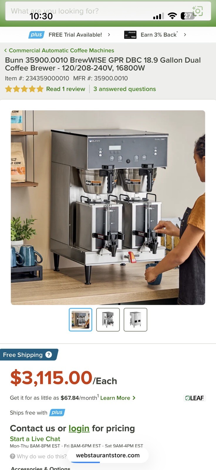 Bunn 35900.0010 BrewWISE GPR DBC 18.9 Gallon Dual Coffee Brewer – 120/208-240V,
