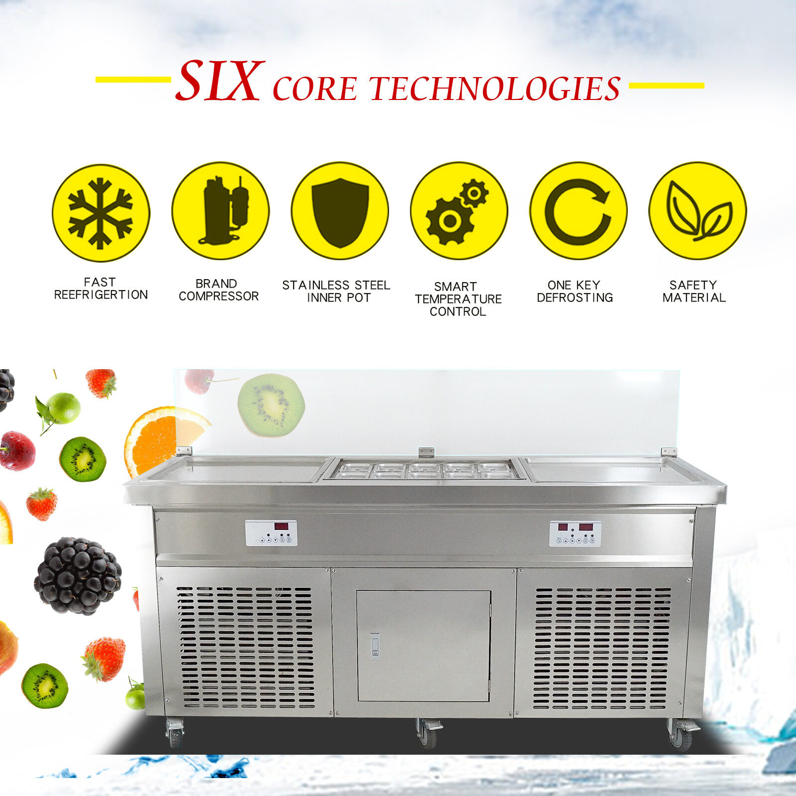 Kolice double square pans roll ice cream machine with 10pcs refrigerated tank