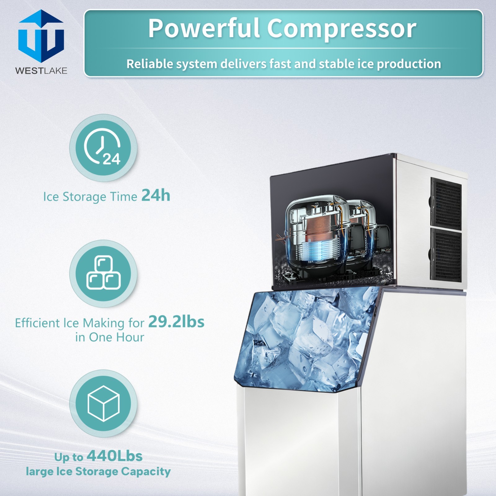 Commercial Ice Maker 700 lbs/day, WESTLAKE Full Cube Machine w/ 440 lbs Bin