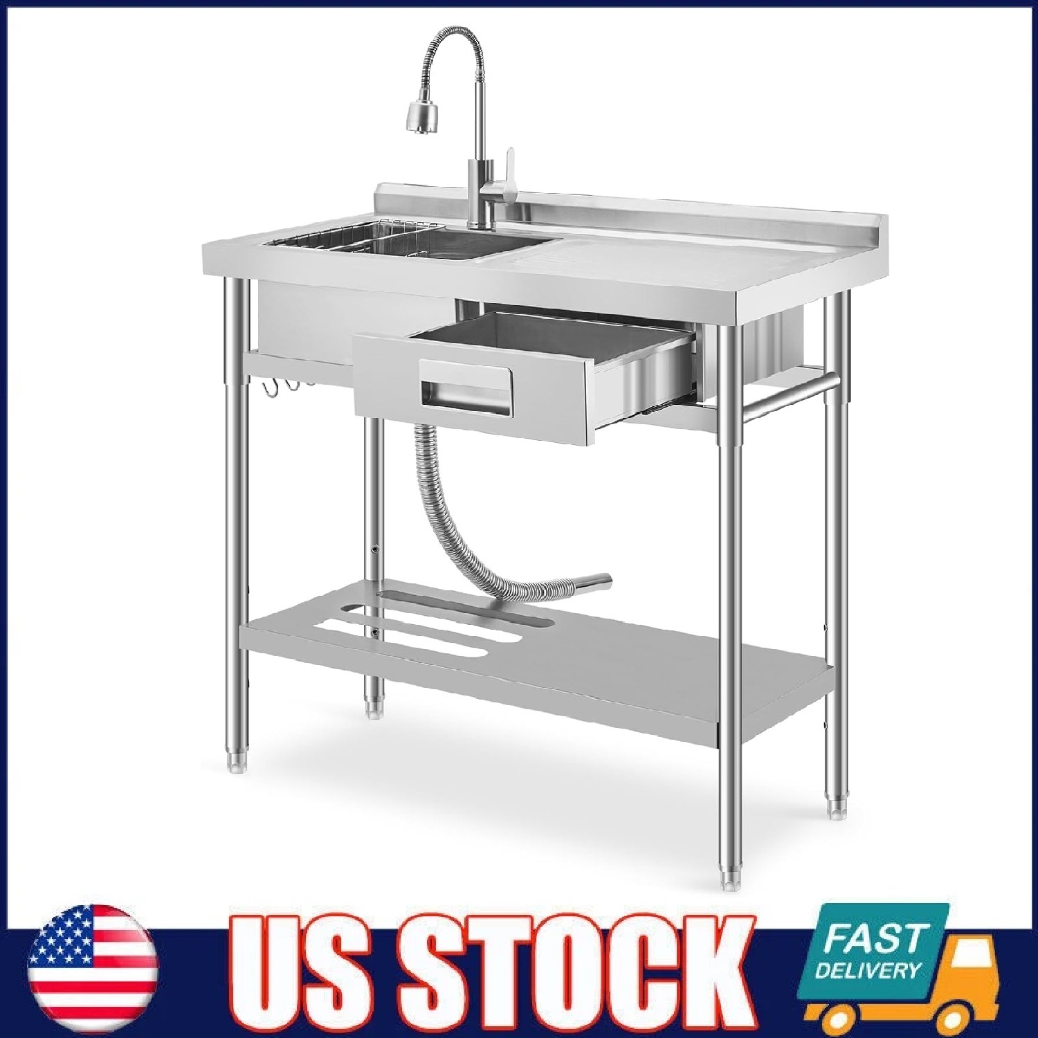 39″ Stainless Steel Utility Sink, Freestanding Single Bowl Kitchen Sink & Faucet