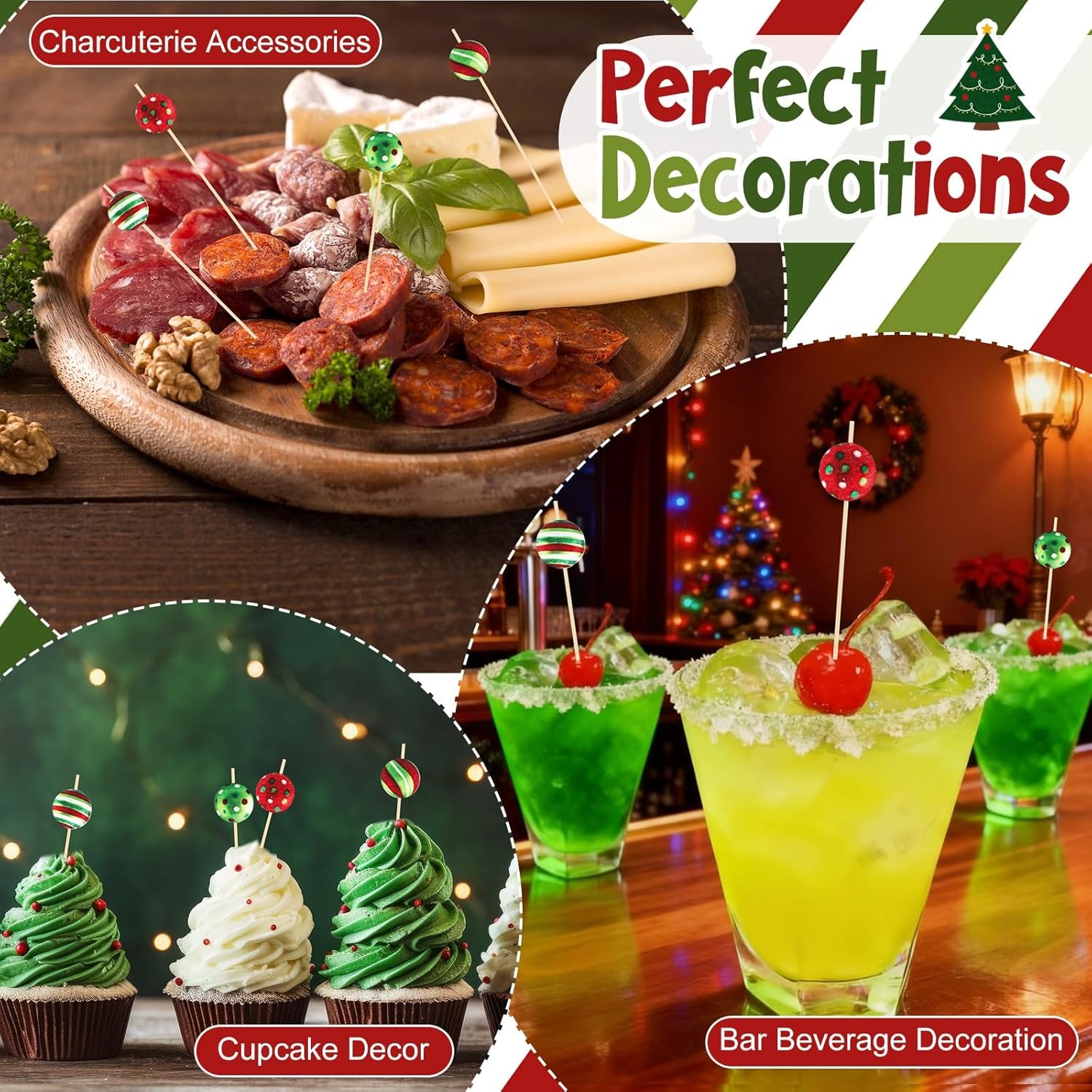 160 Pcs Christmas Cocktail Picks Xmas Ball Red Green Wooden Toothpicks for