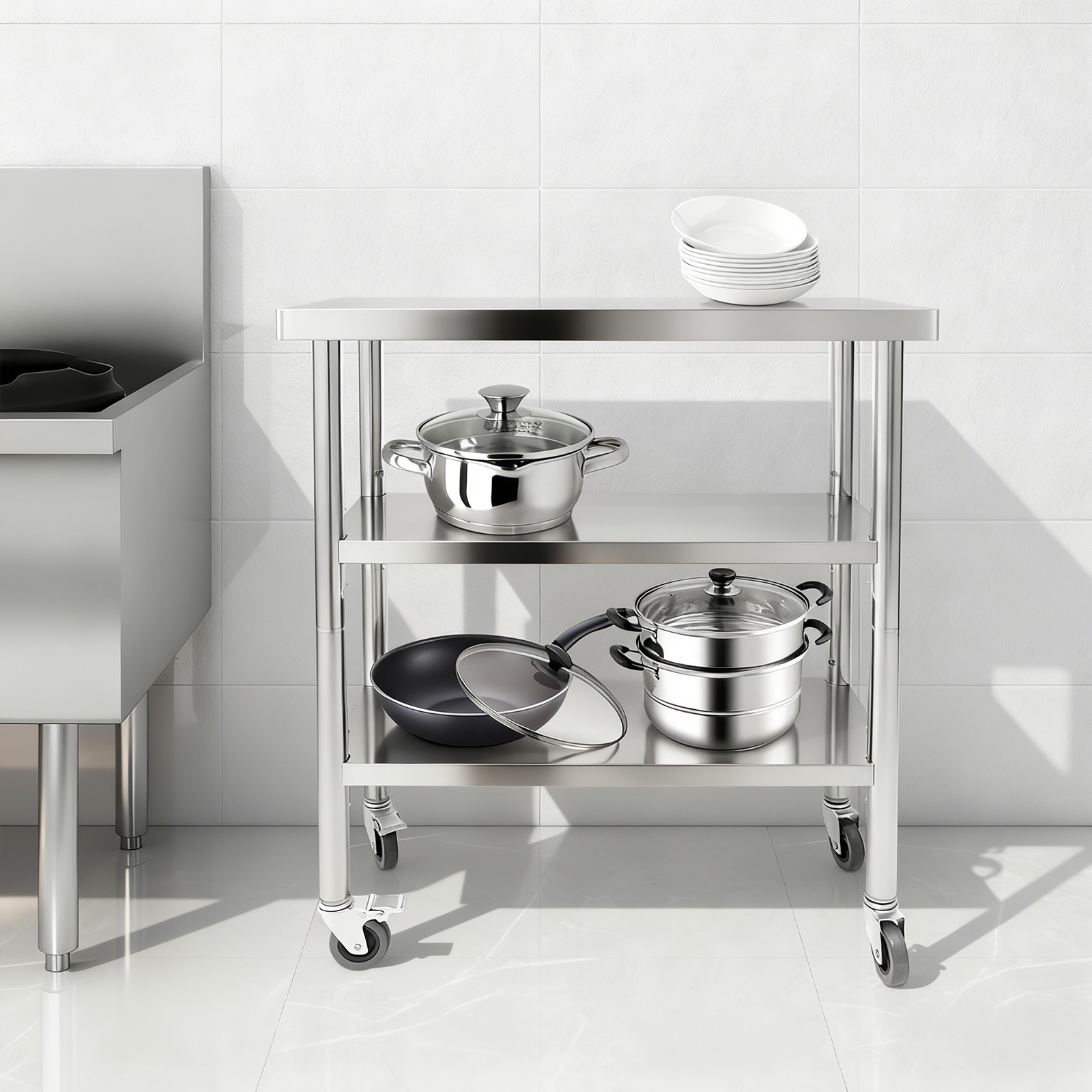 30*14*35in Utility Table, 3 Tiers Work Table, Metal Work Bench With 4* Casters