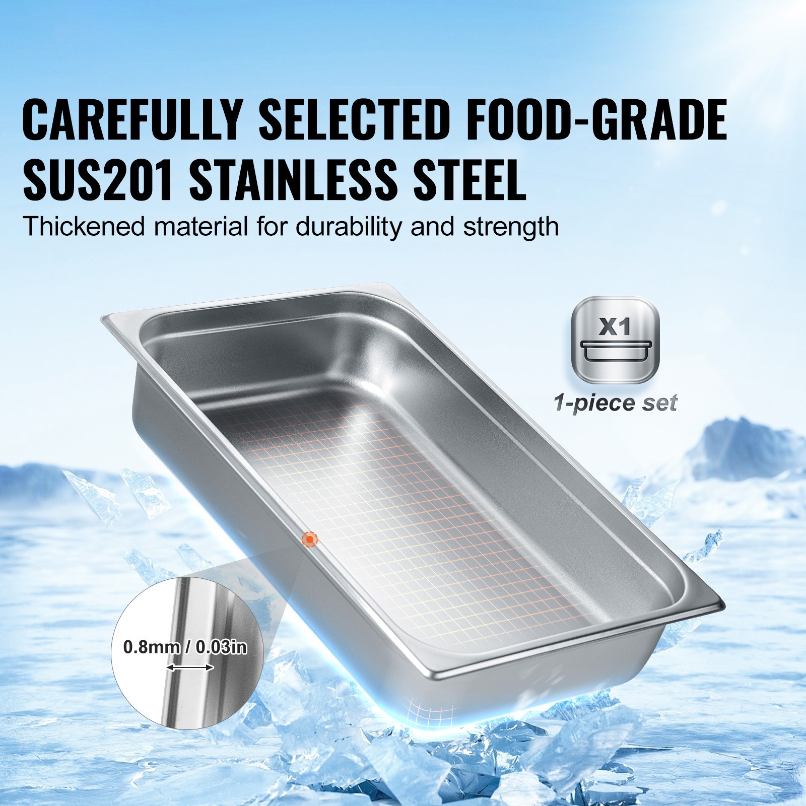 VEVOR 1 Pack Full Size Hotel Pan Steam Table Pan Stainless Steel 4″ Deep