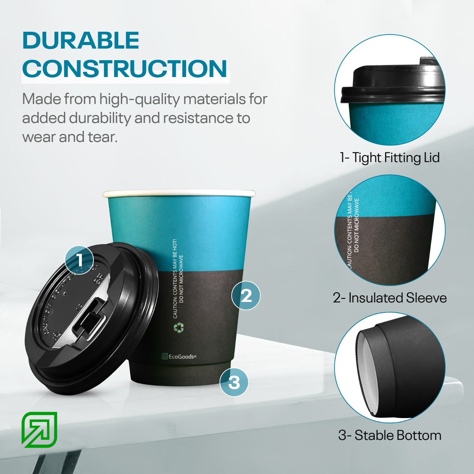 EcoGoods 12 oz. Disposable Insulated Paper Coffee Cups w/ Black Lids (50 Pcs)
