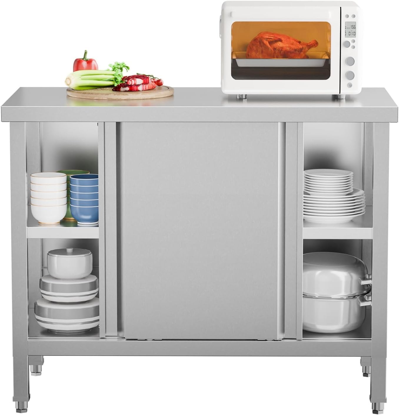 Stainless Steel Prep & Work Table with 2-Tier Cabinet & Sliding Doors for Garage