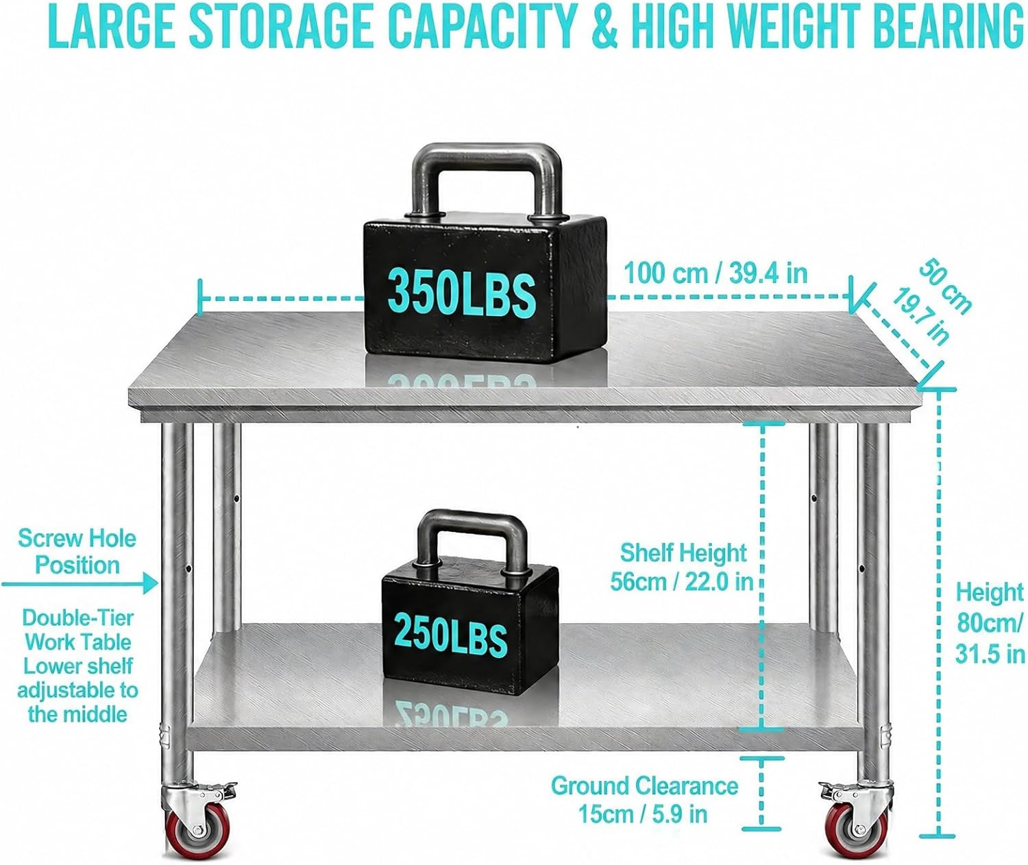 Stainless Steel Prep Table with Wheels 40×20 in Kitchen Prep Table Commercial He
