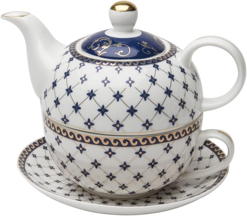 Porcelain 4-Piece Tea For One (Trellis Blue Gold)