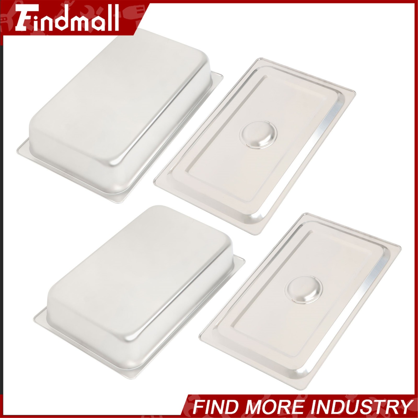 Findmall 2 Pack Stainless Steam Hotel Pan with Lid, 1/1 Size X 4 Inch Deep Steam