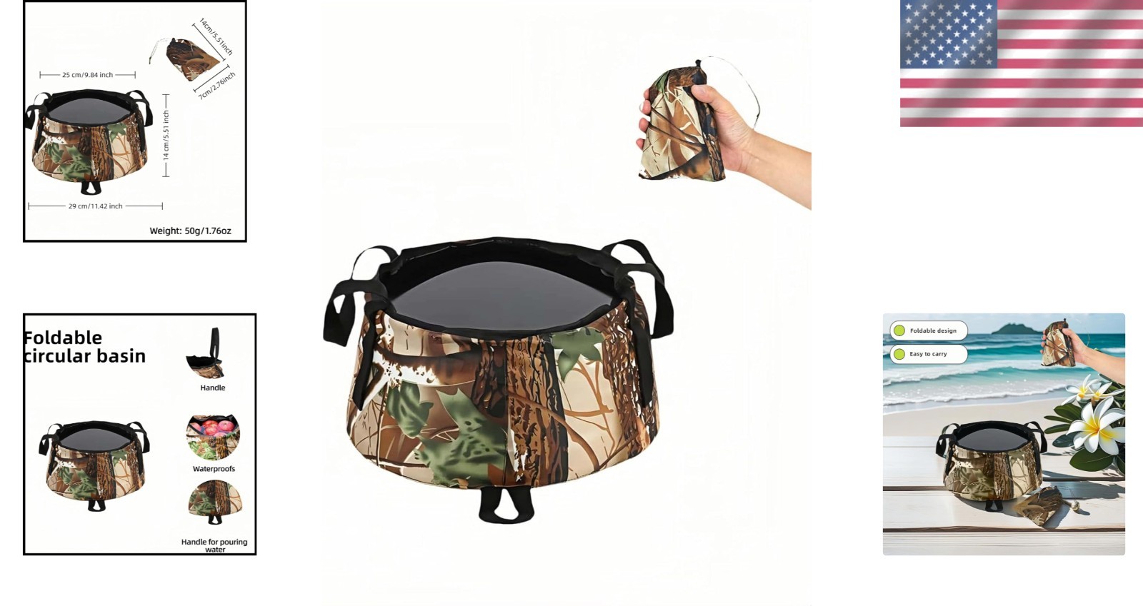 Portable Foldable Sink Bucket for Camping Travel Collapsible Basin Camouflage
