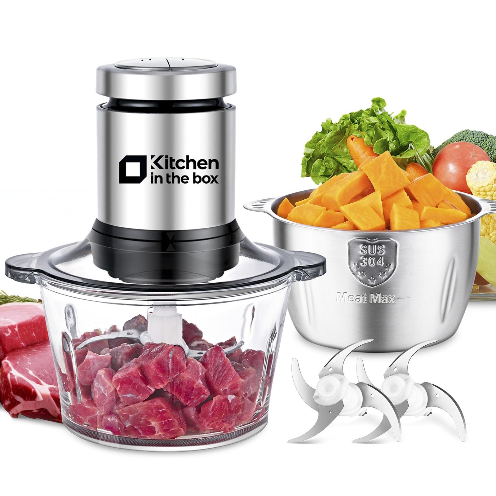 Kitchen in the box Food Processor, Electric Meat Sliver,8cup+8cup, silver