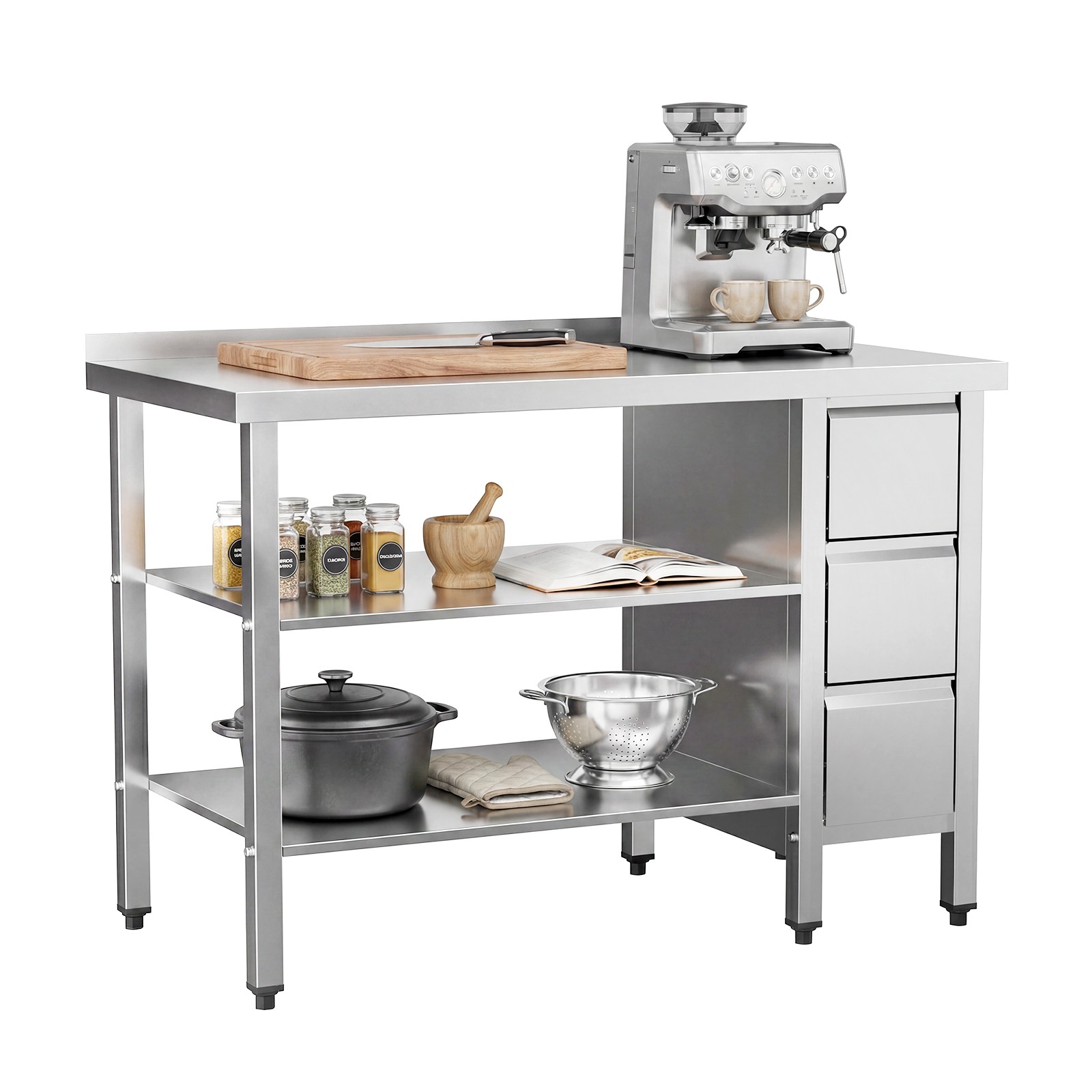 47″ X 24″ Stainless Steel Table with 3 Drawers, Backsplash & Undershelf for Home