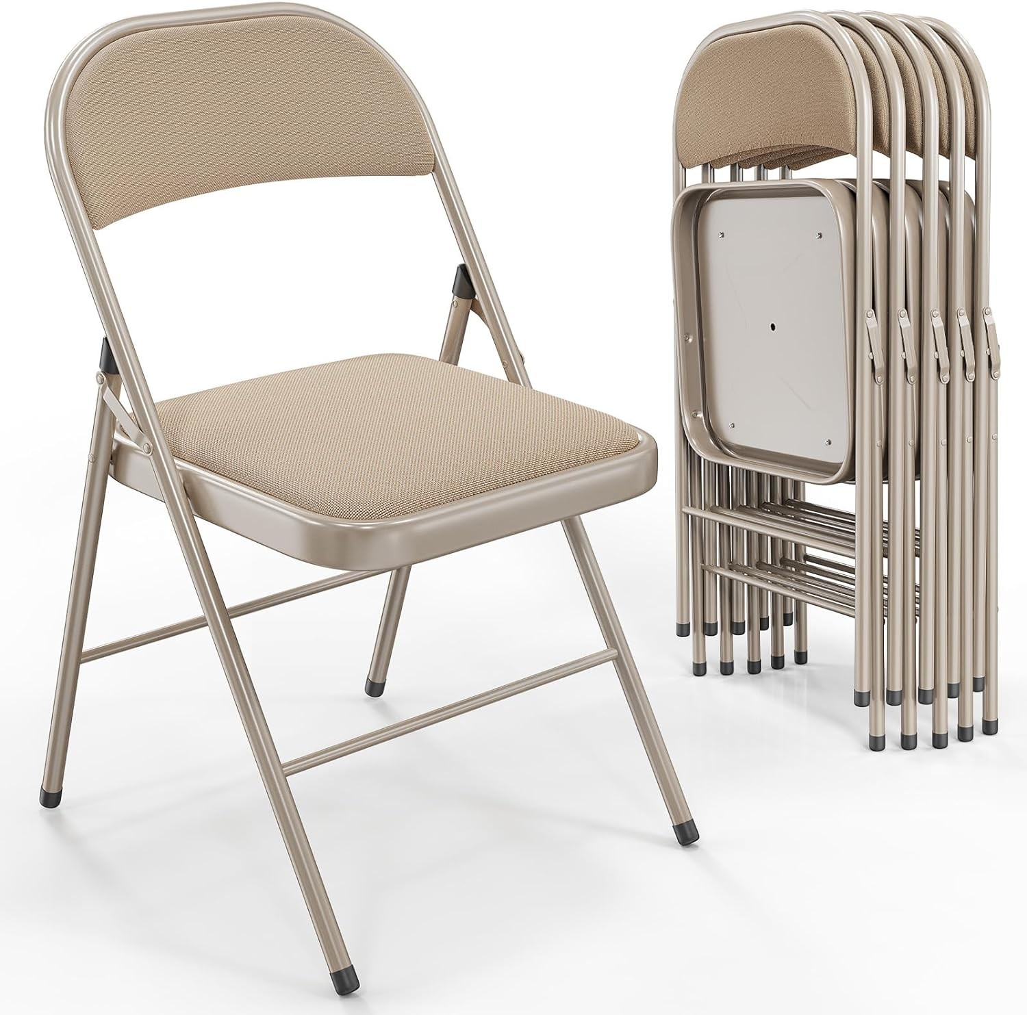 VINGLI 6 Pack Folding Chairs Padded Seats Metal Frame 350 lbs Khaki
