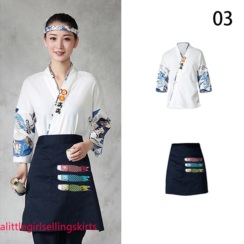 M-2XL Sushi Chef Kimono Style Coat Uniform Waiter Overalls Japanese Work Jacket