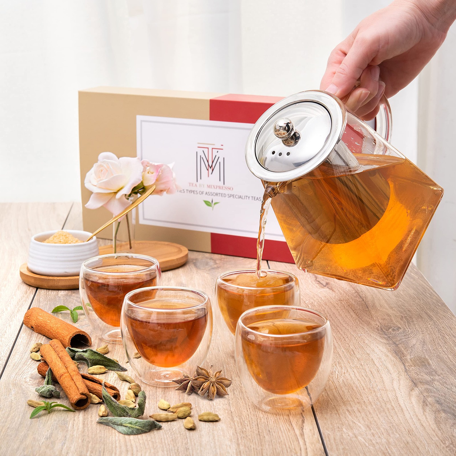 Mixpresso 5 Piece Glass Tea Pot Set, Kettle with Removable Infuser, Clear Glass