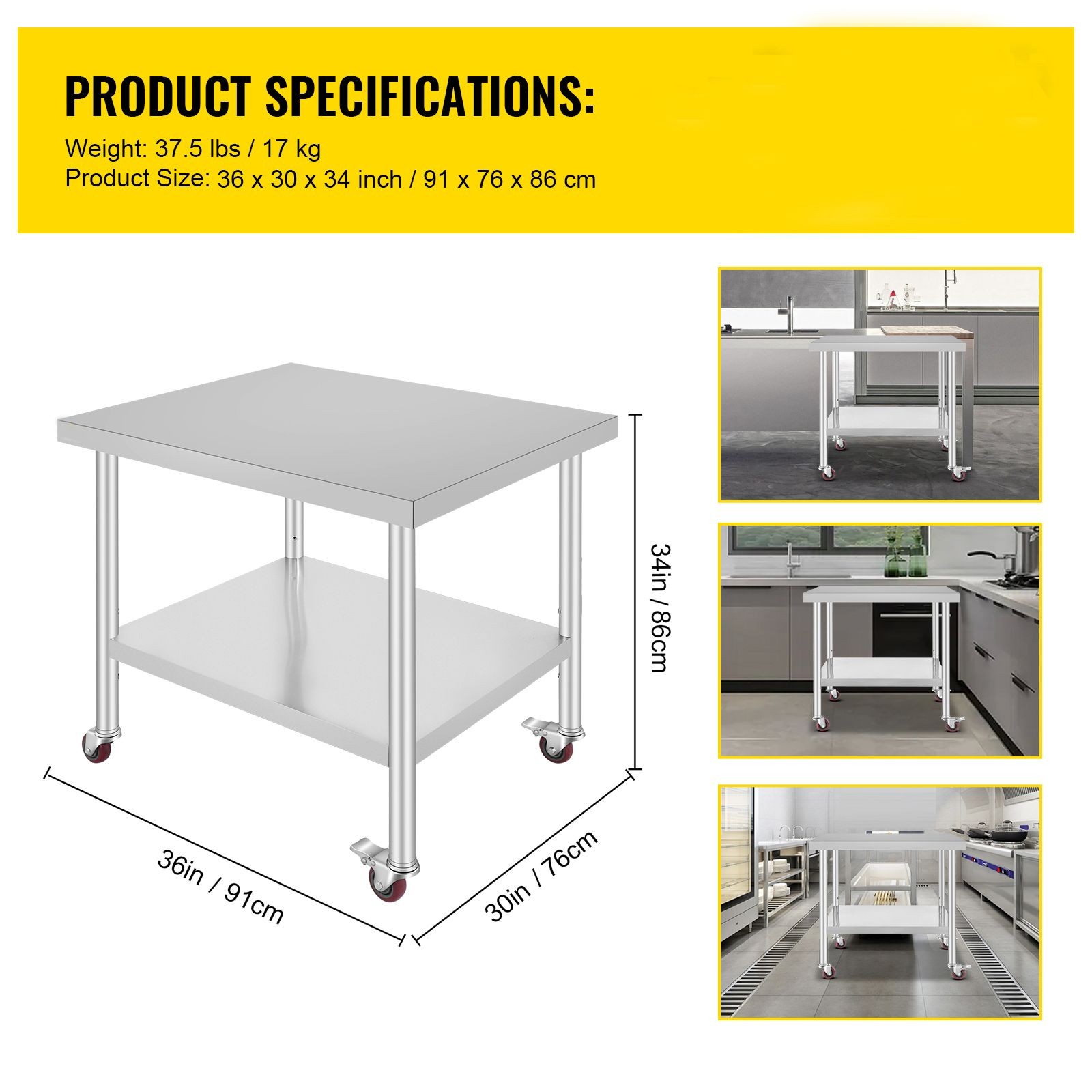 Stainless Steel Work Table 36 x 30 x 34 Inch, 700 LBS Load Capacity with 4