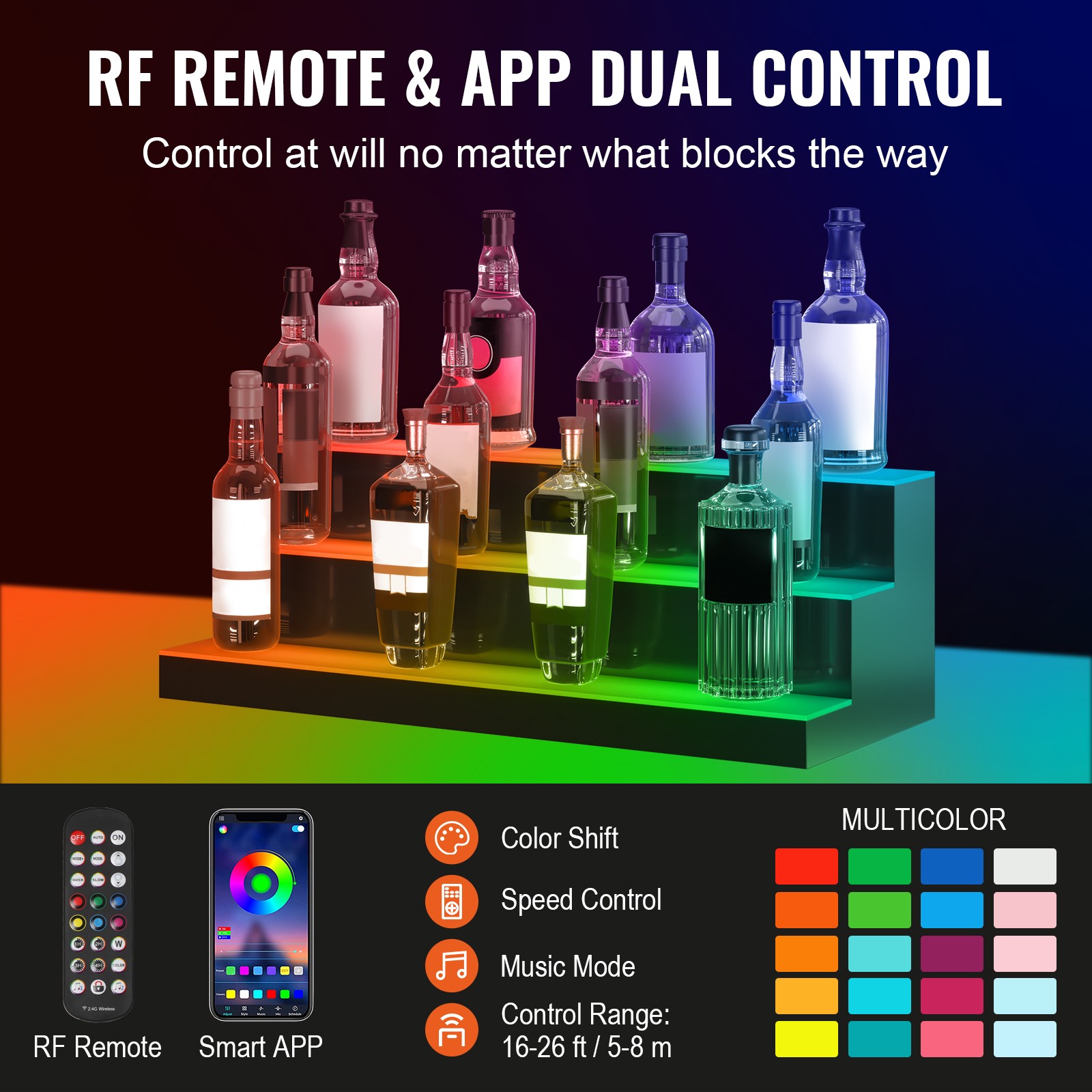 Uimoso 30″ 3-Step LED Lighted Liquor Bottle Display Bar Shelf RF & App Control